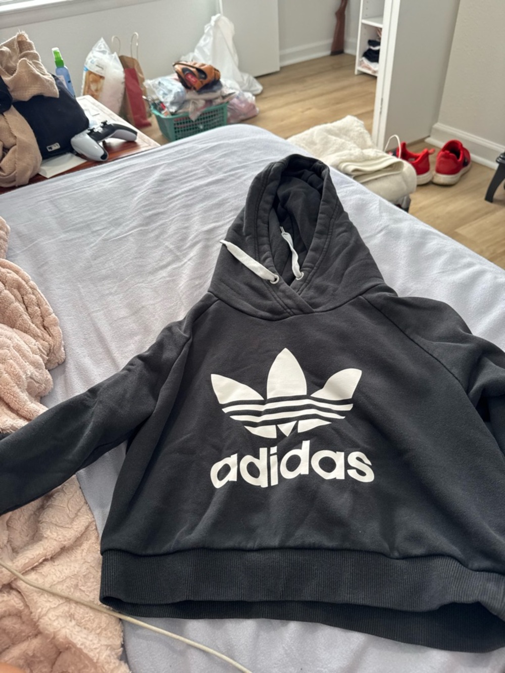 adidas Black Hoodie with White Drawstrings and Blue Tag